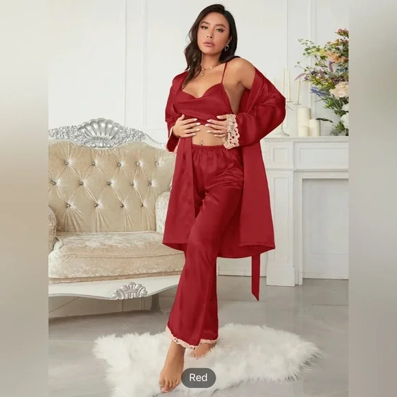 Red 3-piece Sets Silk Satin Cami Top & Pants With Robe Pajama Set - Picture 4 of 8
